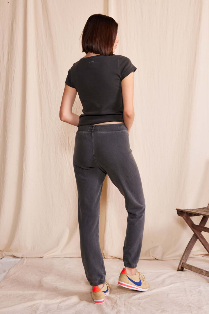 The Essential Sweatpants by People of Leisure — 100% upcycled cotton, sleek modern fit in Vintage Black. Made in LA. Sizes XS–XL