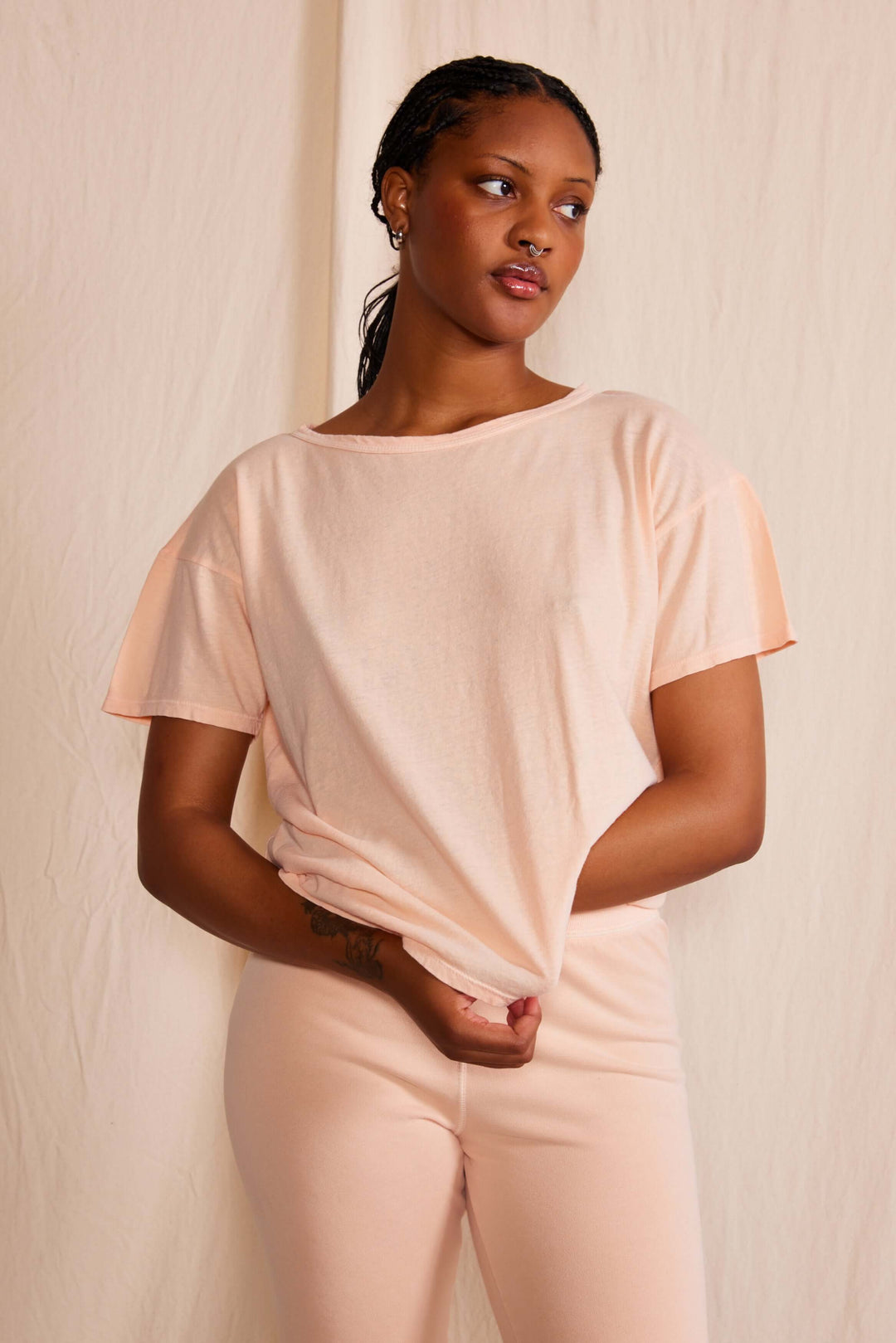 The Easy Tee by People of Leisure — relaxed fit, 50% recycled &amp; 50% organic cotton. Ecru, Light Pink &amp; Desert Rose. Made in USA. Sizes XS–XL. Made in USA