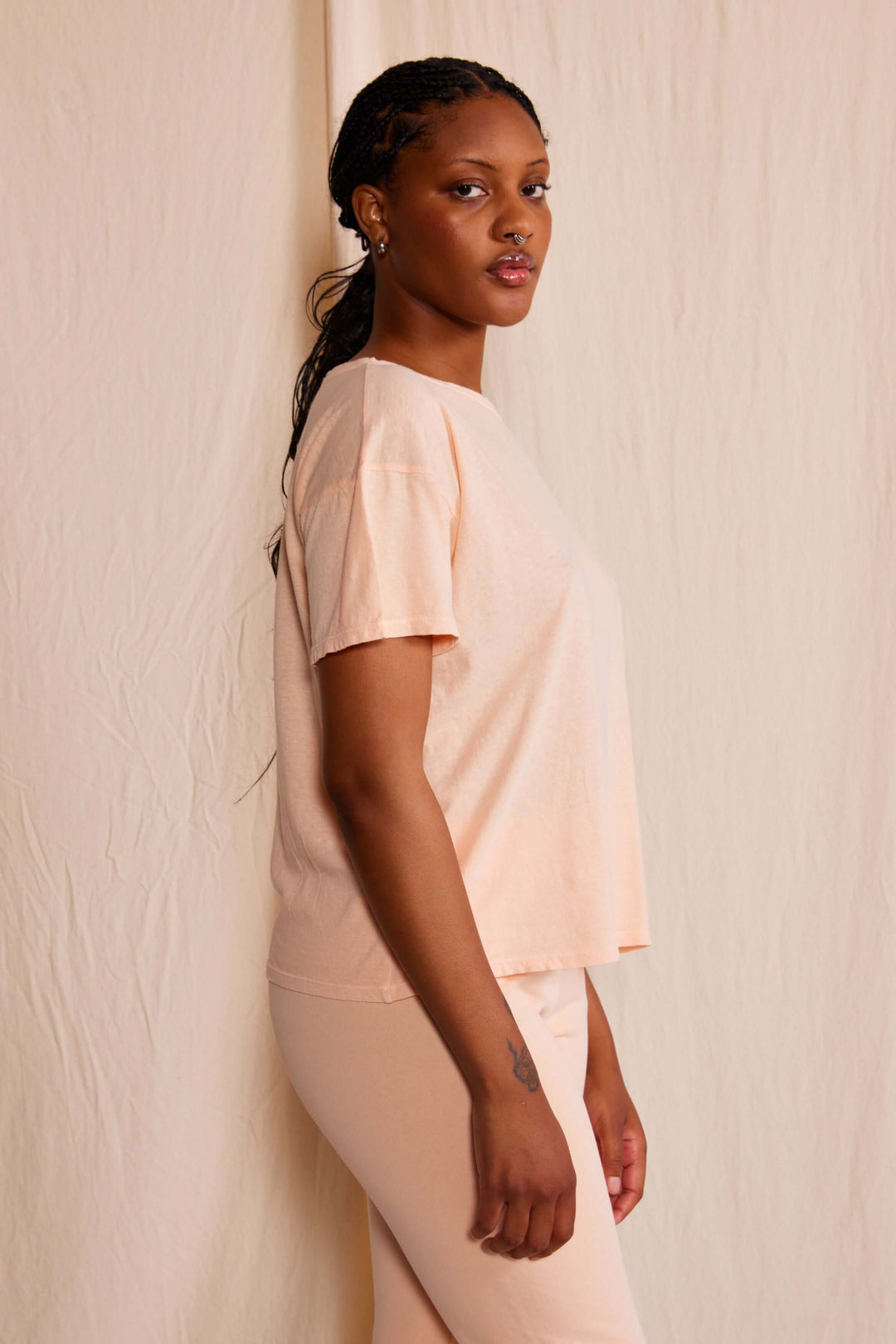 The Easy Tee by People of Leisure — relaxed fit, 50% recycled &amp; 50% organic cotton. Ecru, Light Pink &amp; Desert Rose. Made in USA. Sizes XS–XL. Made in USA