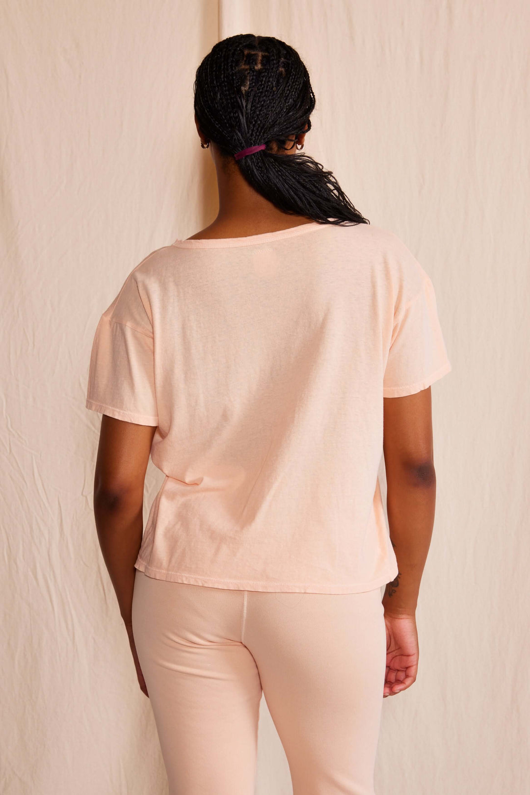 The Easy Tee by People of Leisure — relaxed fit, 50% recycled &amp; 50% organic cotton. Ecru, Light Pink &amp; Desert Rose. Made in USA. Sizes XS–XL. Made in USA
