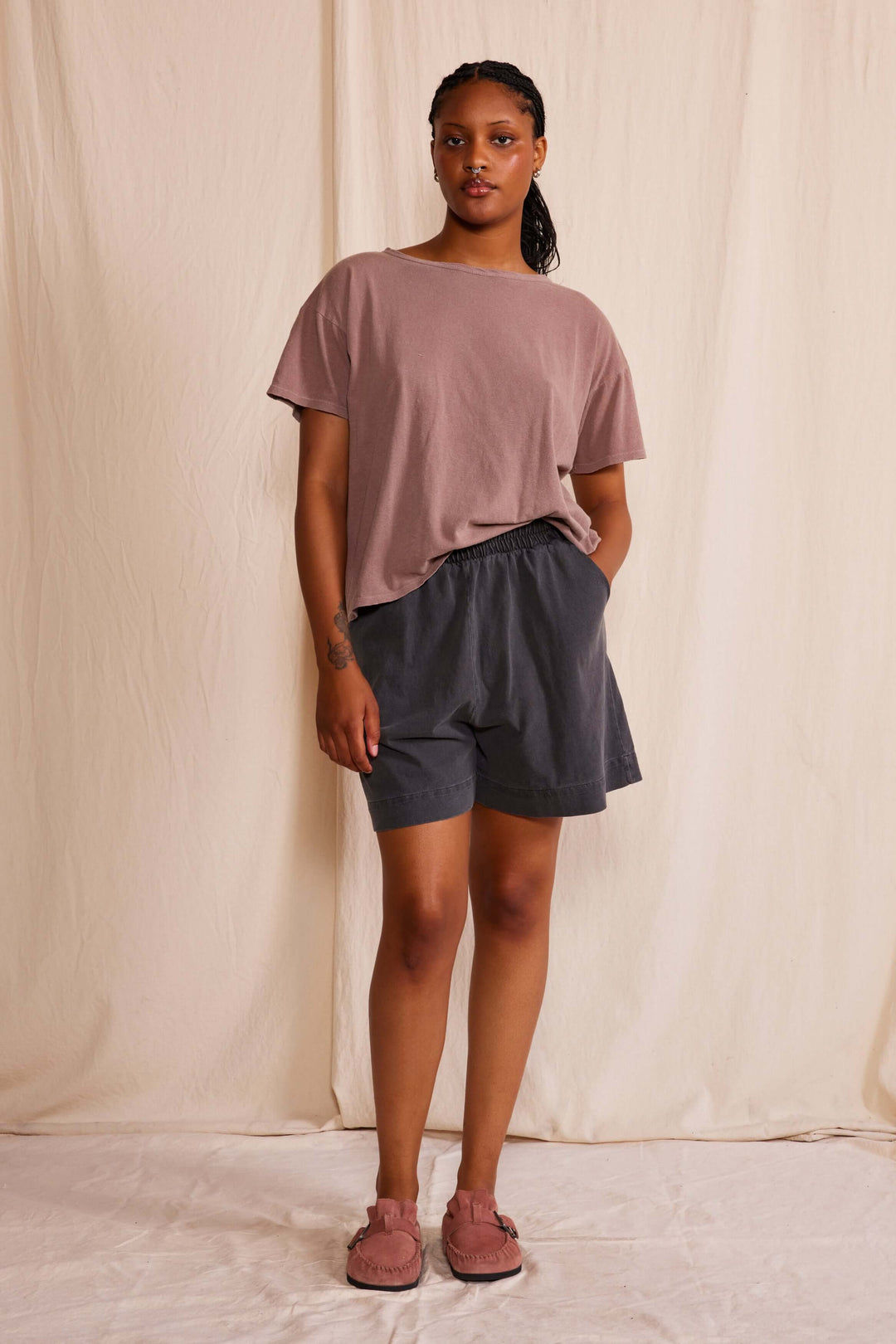 The Easy Tee by People of Leisure — relaxed fit, 50% recycled &amp; 50% organic cotton. Ecru, Light Pink &amp; Desert Rose. Made in USA. Sizes XS–XL. Made in USA
