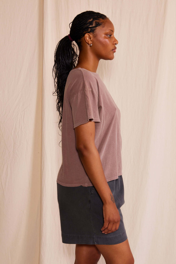 The Easy Tee by People of Leisure — relaxed fit, 50% recycled &amp; 50% organic cotton. Ecru, Light Pink &amp; Desert Rose. Made in USA. Sizes XS–XL. Made in USA