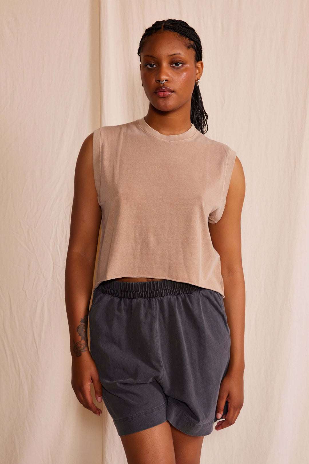 Ana Tank by People of Leisure — 100% organic cotton, relaxed fit, sleeveless in 6 colors. Ethically made in LA. Sizes XS–XL.
