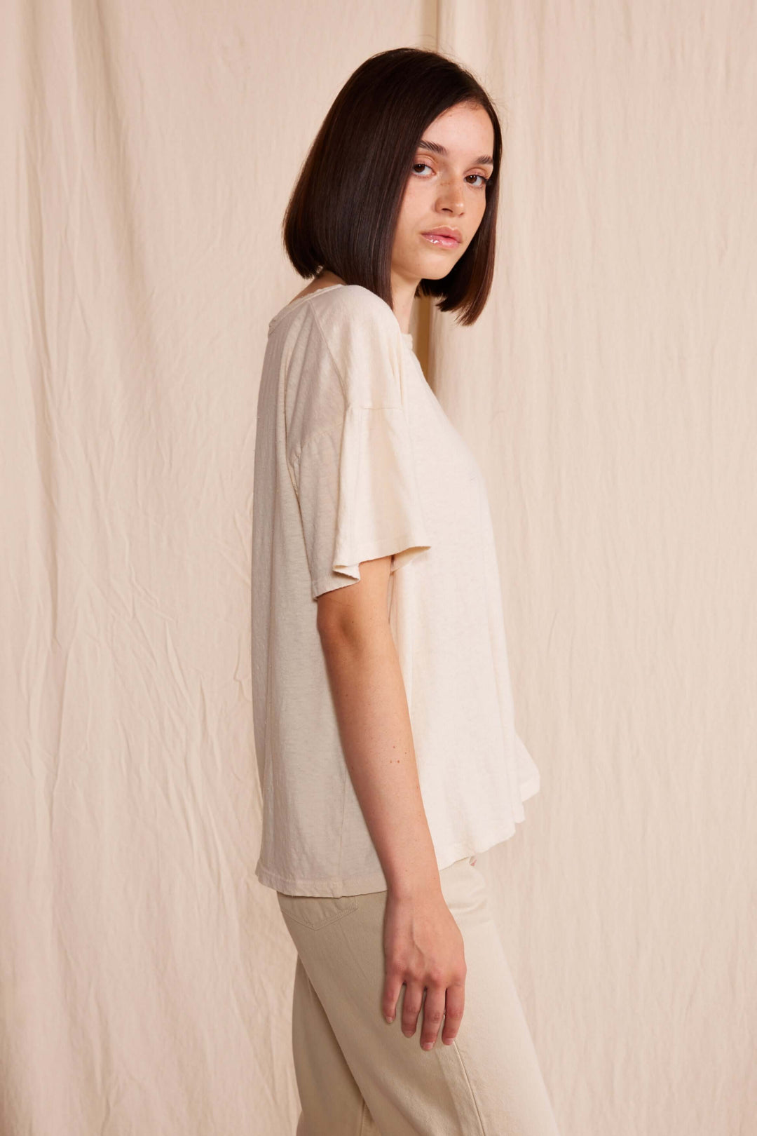 The Easy Tee by People of Leisure — relaxed fit, 50% recycled &amp; 50% organic cotton. Ecru, Light Pink &amp; Desert Rose. Made in USA. Sizes XS–XL. Made in USA