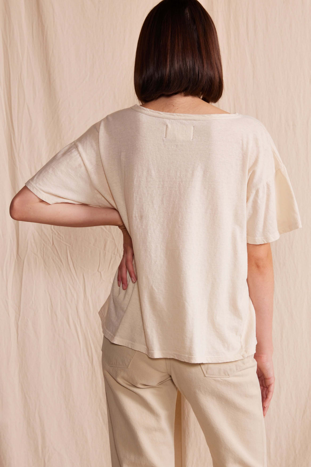 The Easy Tee by People of Leisure — relaxed fit, 50% recycled &amp; 50% organic cotton. Ecru, Light Pink &amp; Desert Rose. Made in USA. Sizes XS–XL. Made in USA
