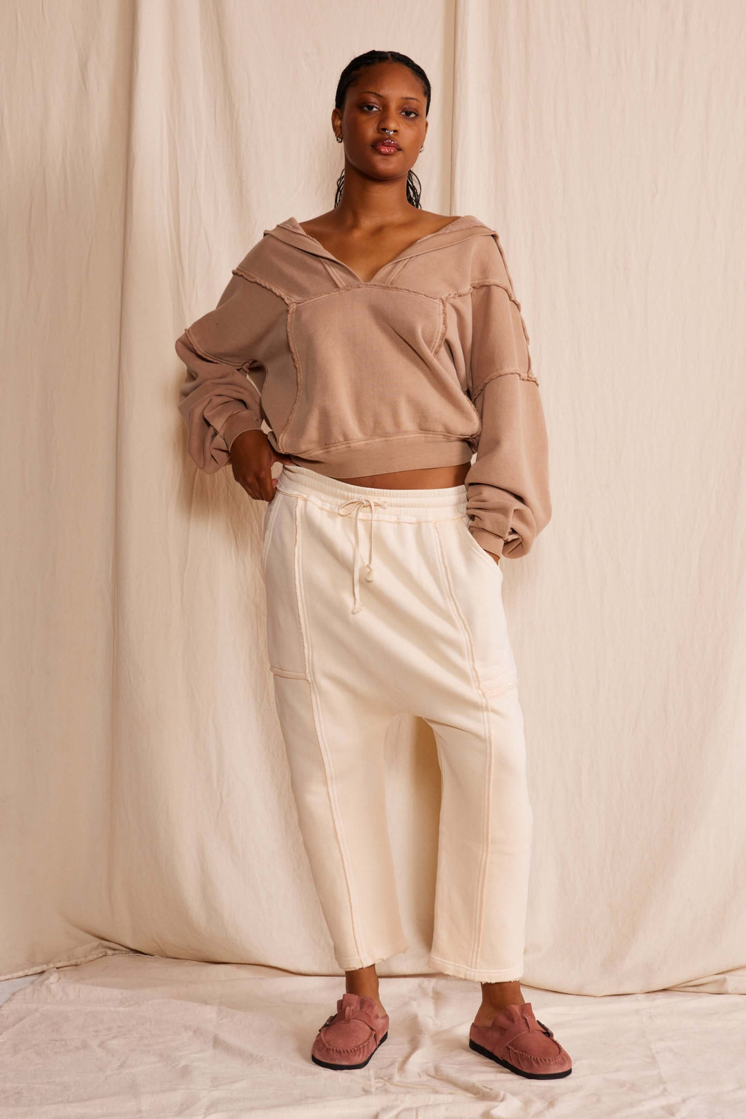  Ryanne Sweatshirt by People of Leisure — 100% organic cotton, deep V-neck, raw edges in Camel &amp; Vintage Black. Made in LA. Sizes XS–XL