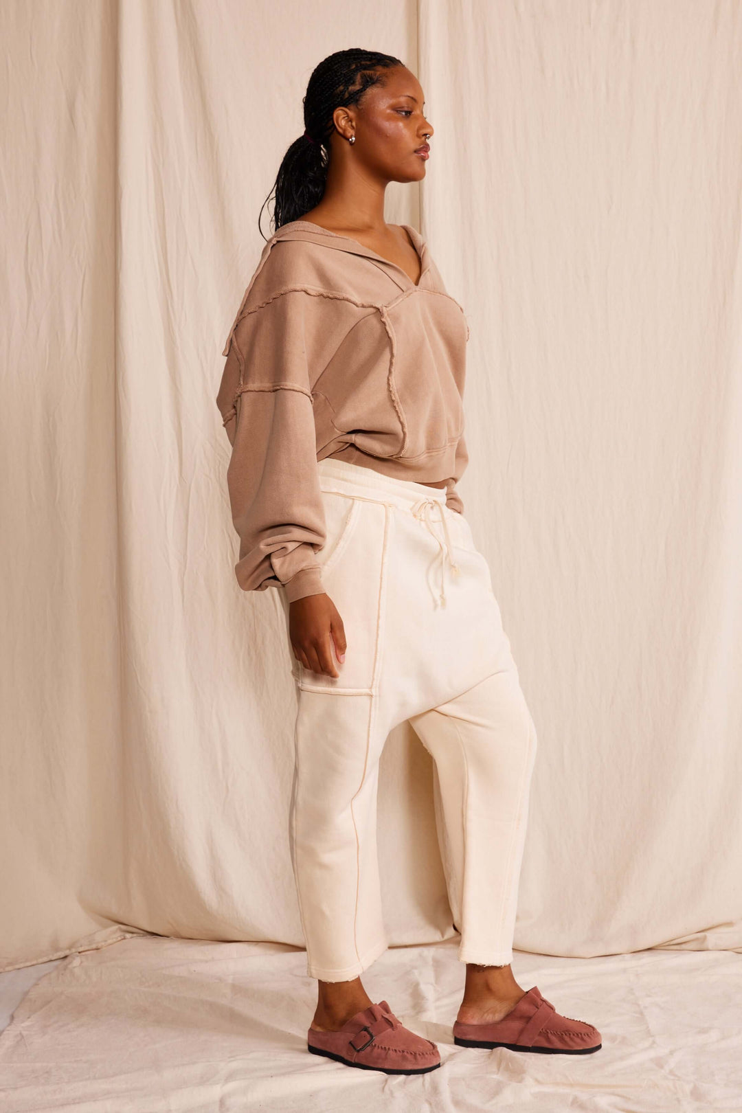  Ryanne Sweatshirt by People of Leisure — 100% organic cotton, deep V-neck, raw edges in Camel &amp; Vintage Black. Made in LA. Sizes XS–XL