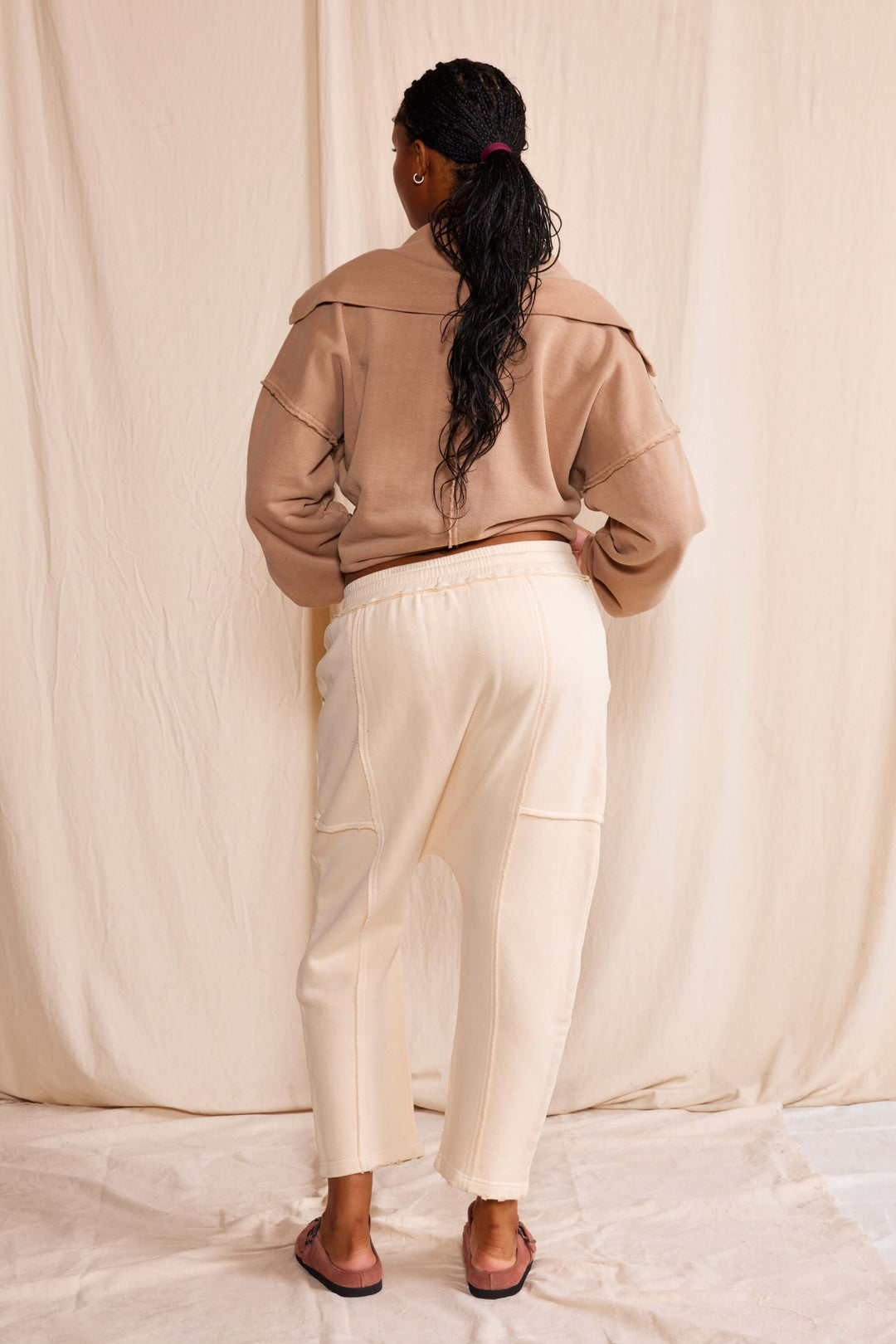  Ryanne Sweatshirt by People of Leisure — 100% organic cotton, deep V-neck, raw edges in Camel &amp; Vintage Black. Made in LA. Sizes XS–XL