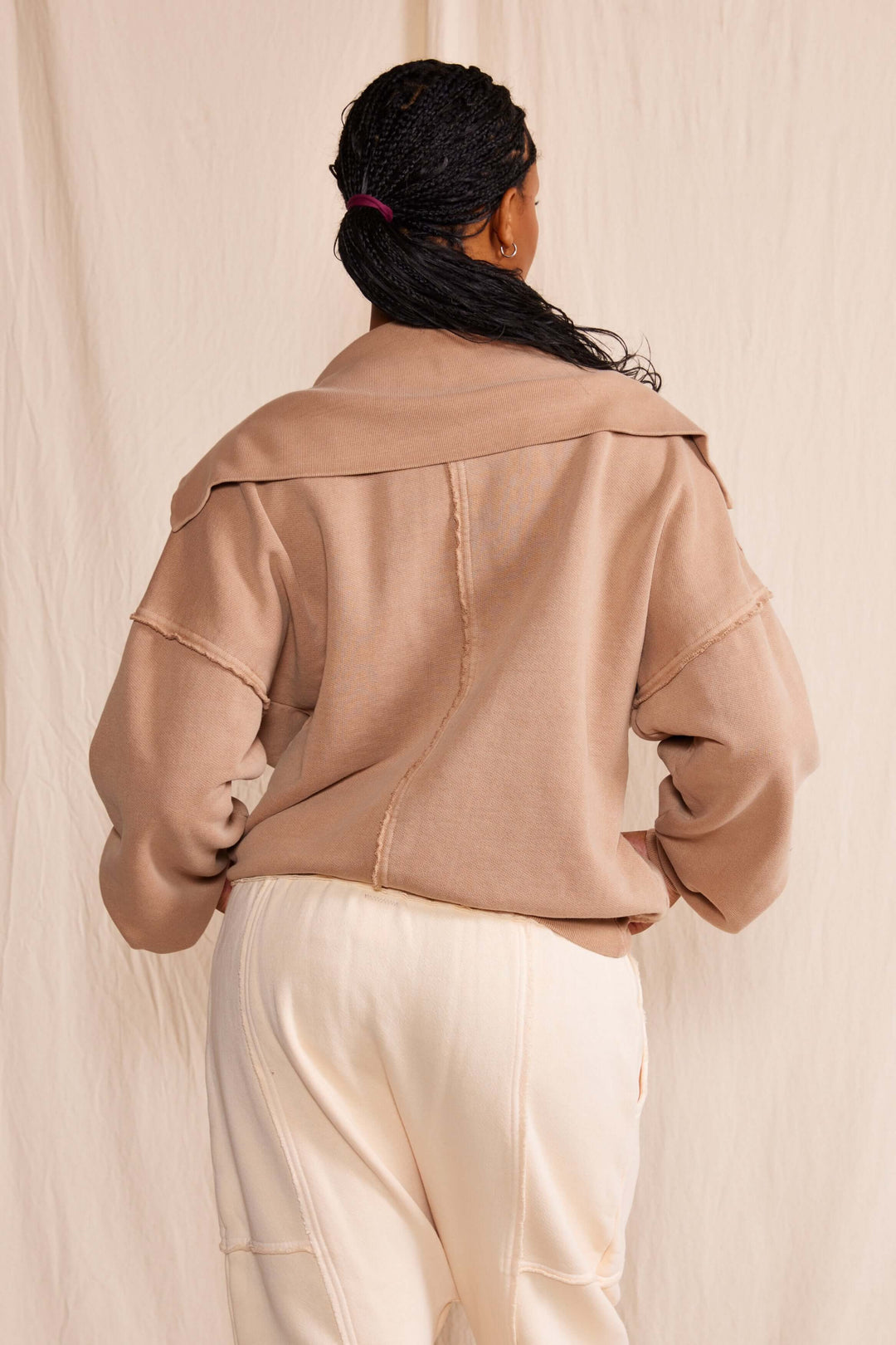  Ryanne Sweatshirt by People of Leisure — 100% organic cotton, deep V-neck, raw edges in Camel &amp; Vintage Black. Made in LA. Sizes XS–XL
