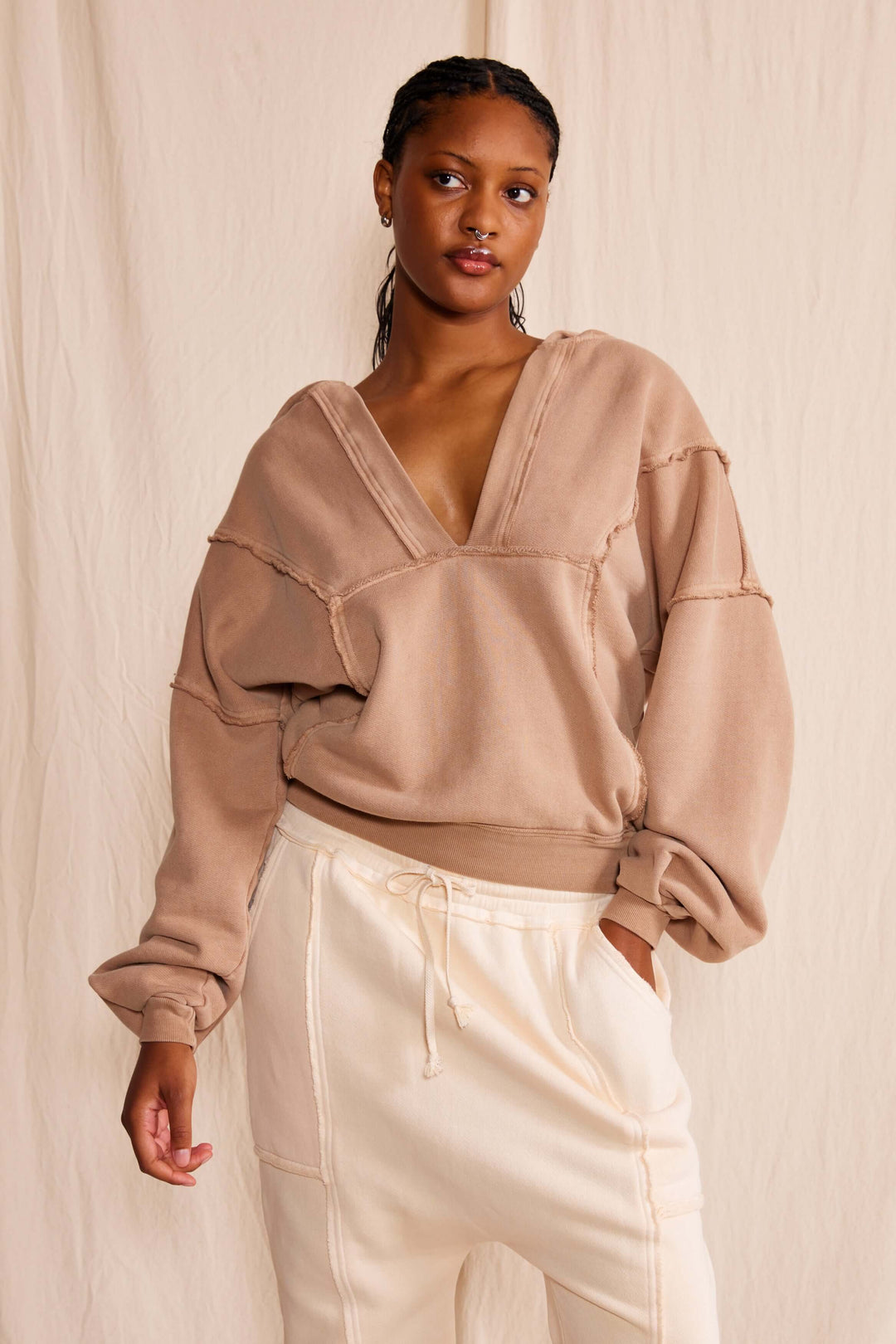  Ryanne Sweatshirt by People of Leisure — 100% organic cotton, deep V-neck, raw edges in Camel &amp; Vintage Black. Made in LA. Sizes XS–XL