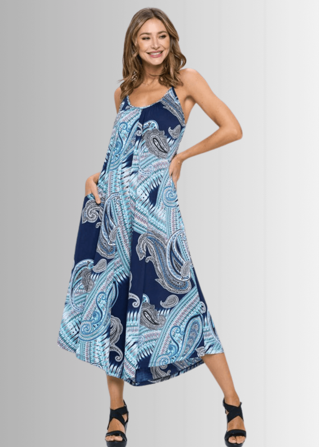 Women's  Blue Paisley Wide Leg Cropped Summer Jumpsuit  Romper  | Made in USA | Classy Cozy Cool Made in America Boutique