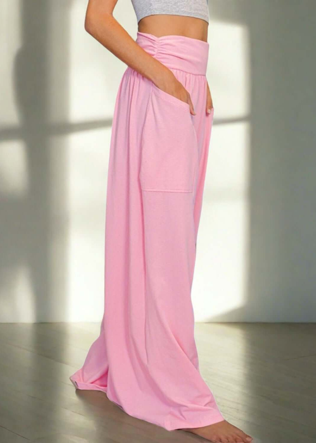 Bucket List Clothing Style# P5402 |  Women's Wide Banded Waist Baggy Pants in Pink | Made in USA | Classy Cozy Cool Women's Made in America Clothing Boutique