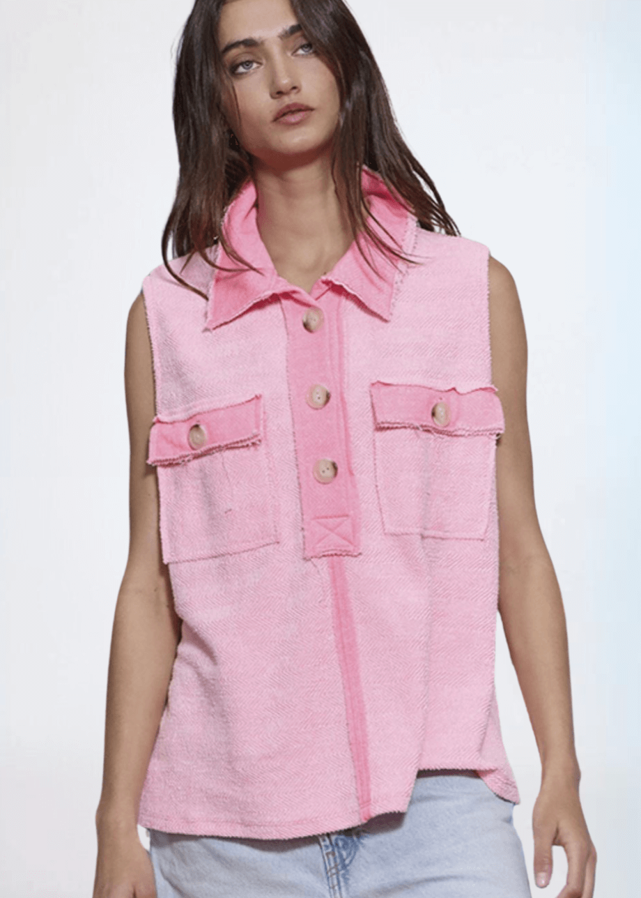 Ladies Pink Cotton Oversized Sleeveless Henley With Contrast Detail and Large Front Pockets | Made in USA | Bucket List Clothing Style