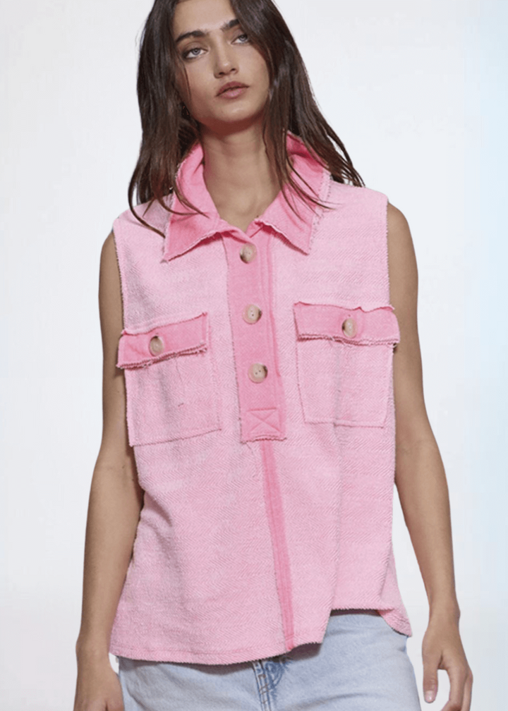 Ladies Pink Cotton Oversized Sleeveless Henley With Contrast Detail and Large Front Pockets | Made in USA | Bucket List Clothing Style
