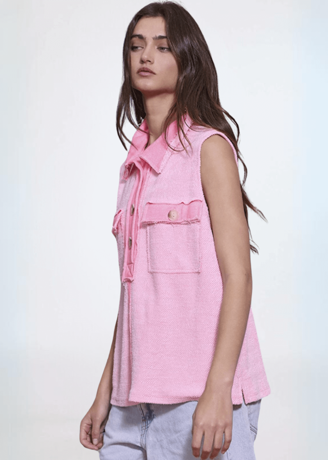 Ladies Pink Cotton Oversized Sleeveless Henley With Contrast Detail and Large Front Pockets | Made in USA | Bucket List Clothing Style