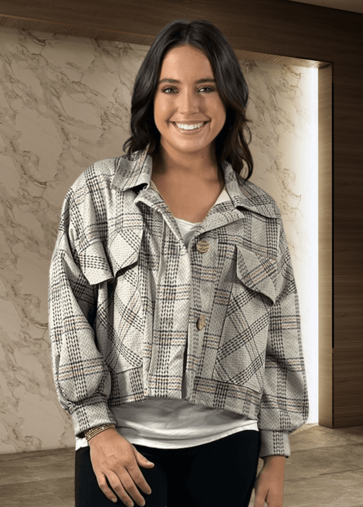 Bucket List Ladies Oversized Suede Herringbone Plaid Print Shacket with Oversized Front Utility Pockets in Light Gray | Style