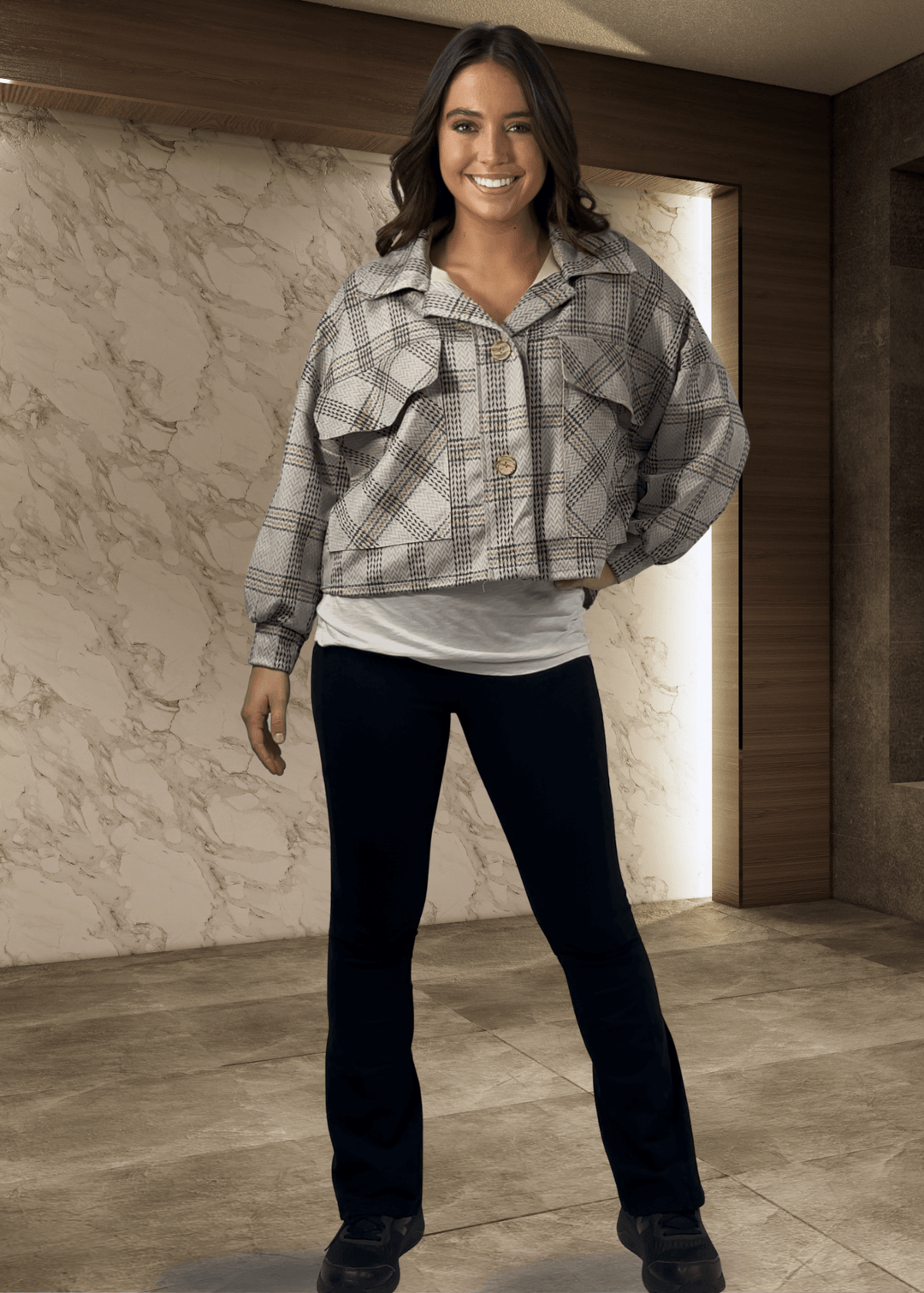 Bucket List Ladies Oversized Suede Herringbone Plaid Print Shacket with Oversized Front Utility Pockets in Light Gray | Style