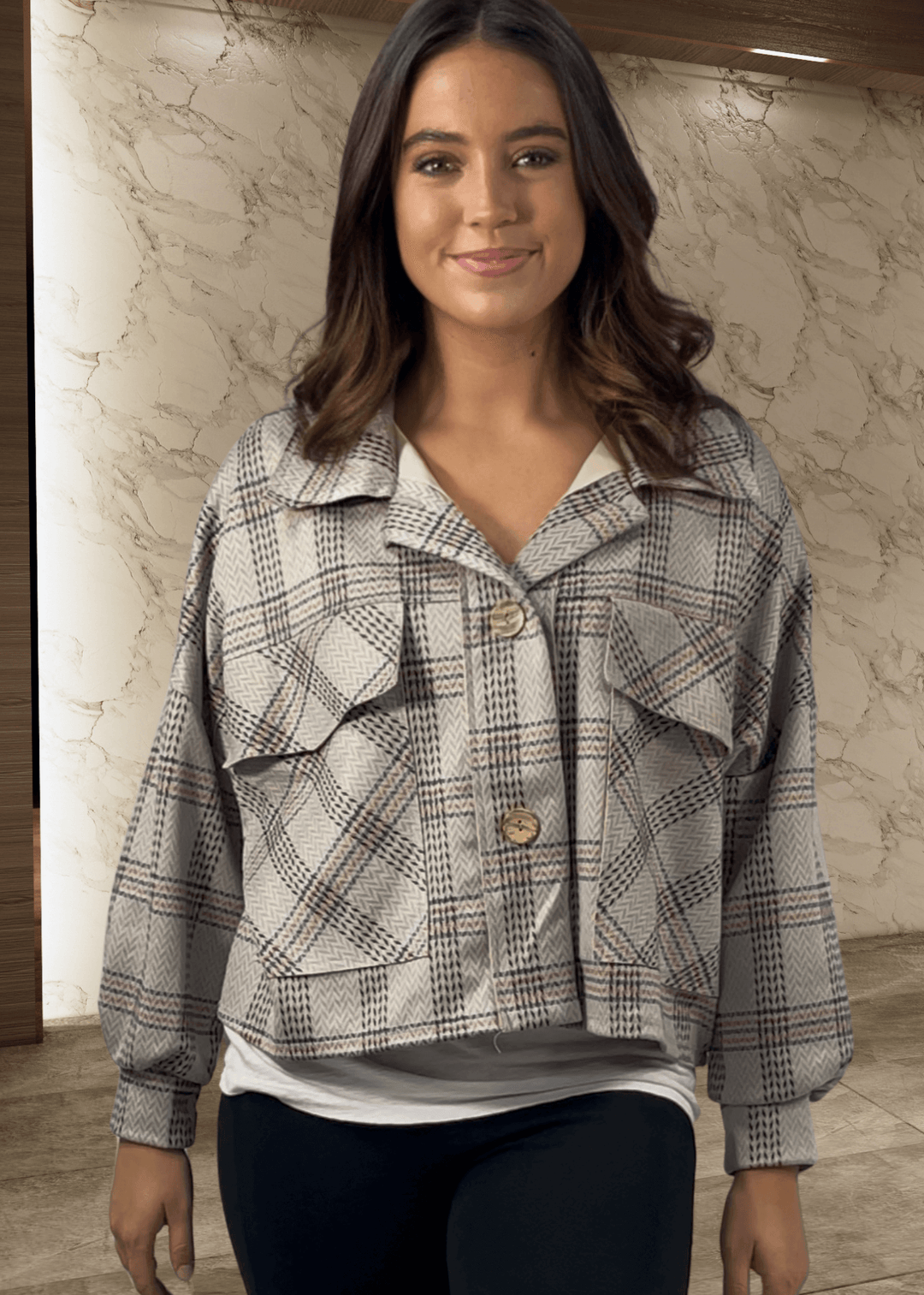 Bucket List Ladies Oversized Suede Herringbone Plaid Print Shacket with Oversized Front Utility Pockets in Light Gray | Style# T1220 | Made in USA 