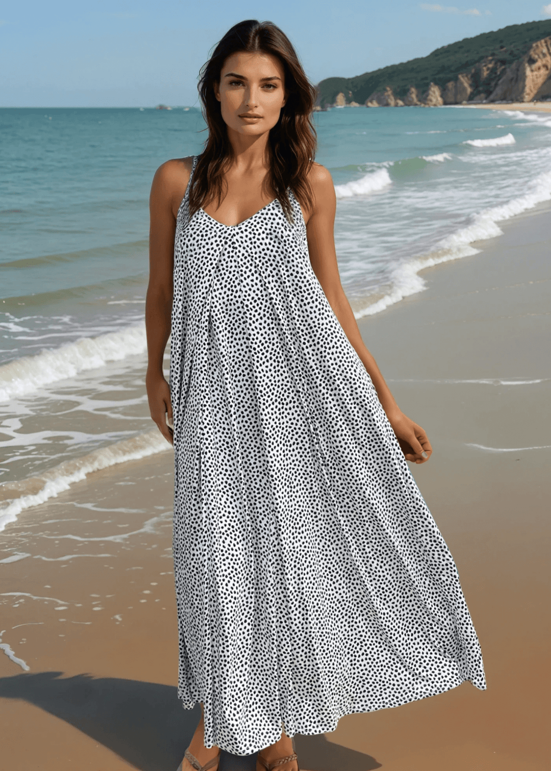 Made in USA Women's Jersey Stretch Double V-Neck 2-Tone Printed Summer Maxi Dress in Green/Navy or White/Black | Classy Cozy Cool Made in America Boutique
