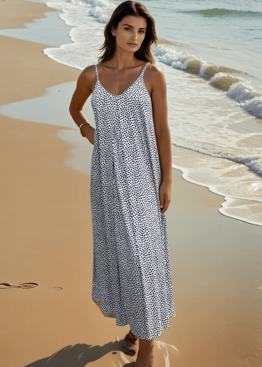 Made in USA Women's Jersey Stretch Double V-Neck 2-Tone Printed Summer Maxi Dress in Green/Navy or White/Black | Classy Cozy Cool Made in America Boutique