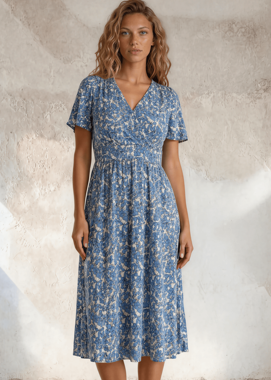 USA-made women's flutter sleeve faux-wrap midi dress in a blue floral print. Smocked waist, flared skirt, sizes XS–L