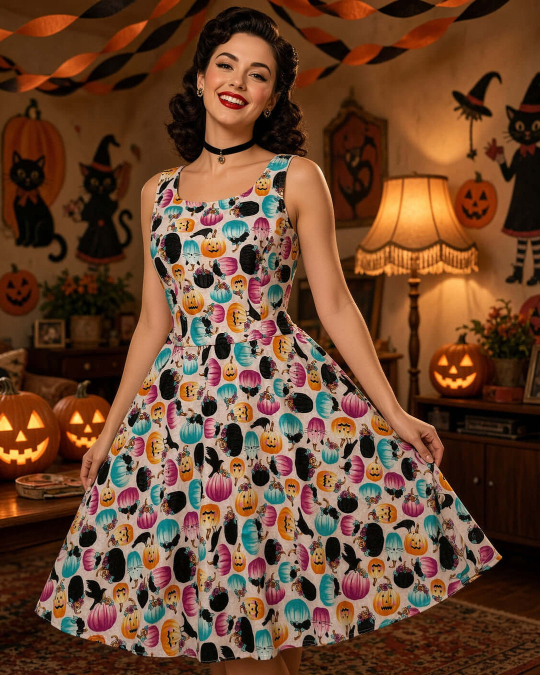 Made in USA. Shop the Pumpkin &amp; Crow Skater Dress by Retrolicious, with stretch cotton fabric, a scoop neck, A-line skirt and hidden pockets. XS–4X.