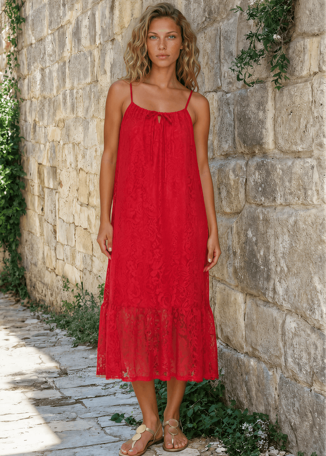 Made in USA Women's Lace Tie Front Midi Dress in Red, Lined to Knee,  Lace straps, Tiered with Flounce Ruffle Hem | Classy Cozy Cool Made in America Boutique