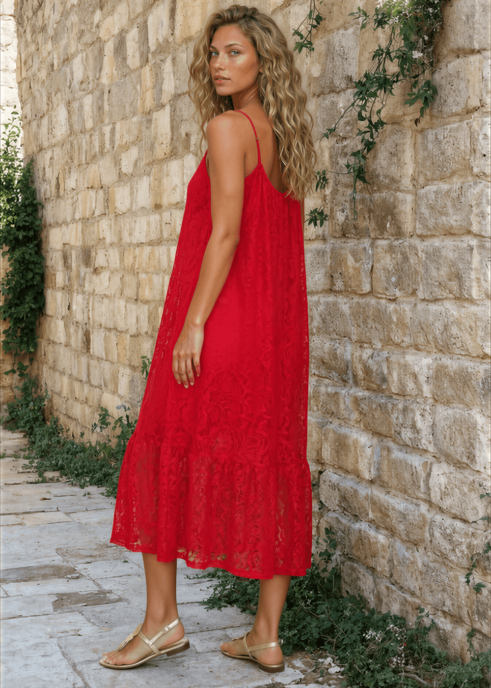 Made in USA Women's Lace Tie Front Midi Dress in Red, Lined to Knee,  Lace straps, Tiered with Flounce Ruffle Hem | Classy Cozy Cool Made in America Boutique