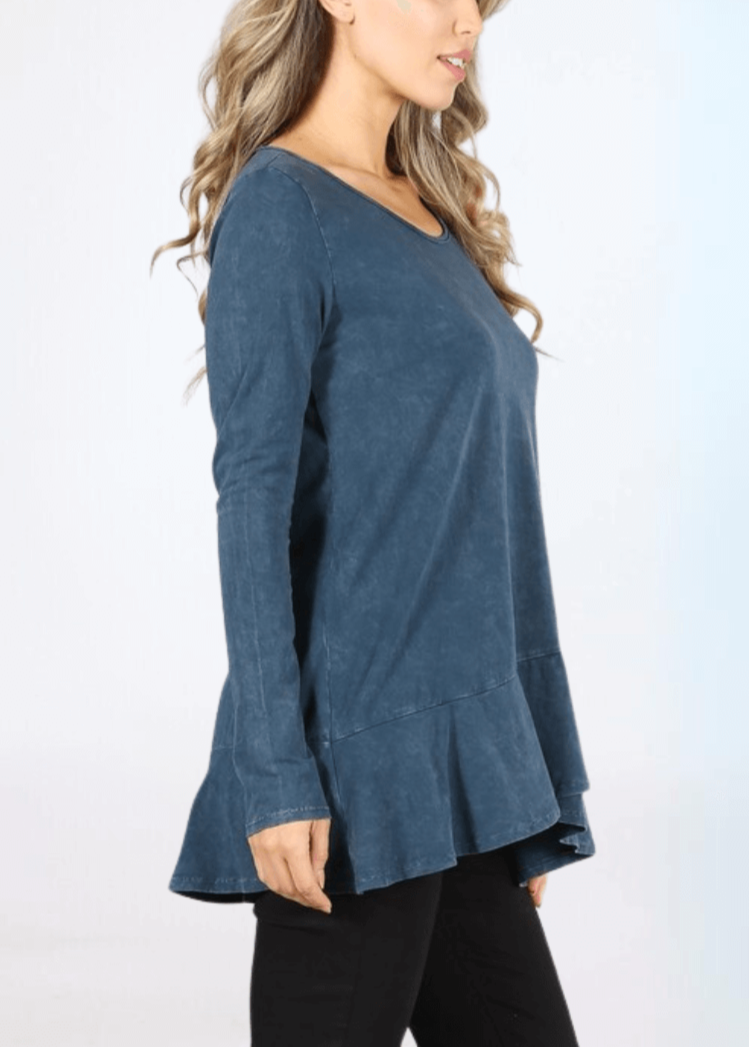 USA Made Ladies High Low Hem Casual Long Sleeve Cotton Tee in Mineral Washed Denim Blue | Classy Cozy Cool Women&