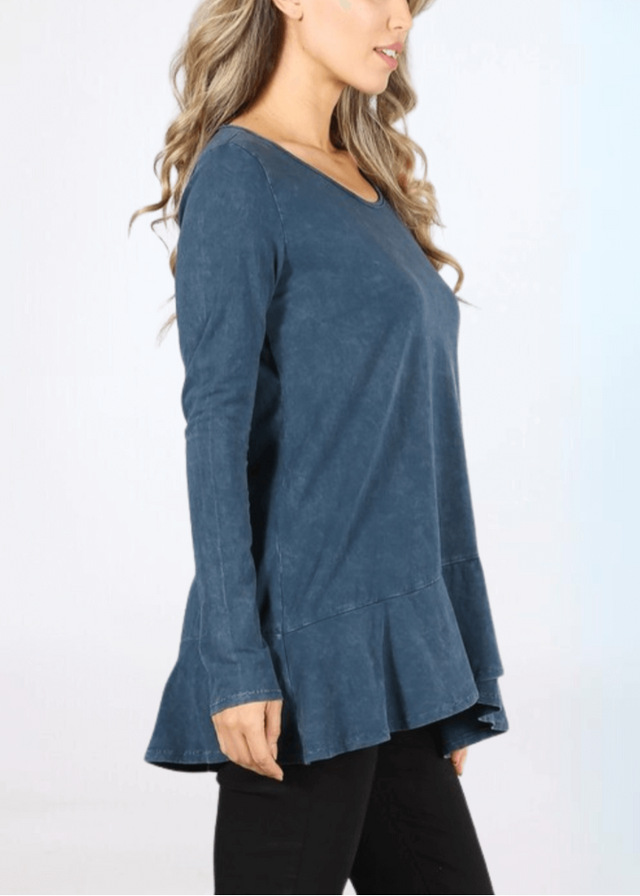 USA Made Ladies High Low Hem Casual Long Sleeve Cotton Tee in Mineral Washed Denim Blue | Classy Cozy Cool Women&