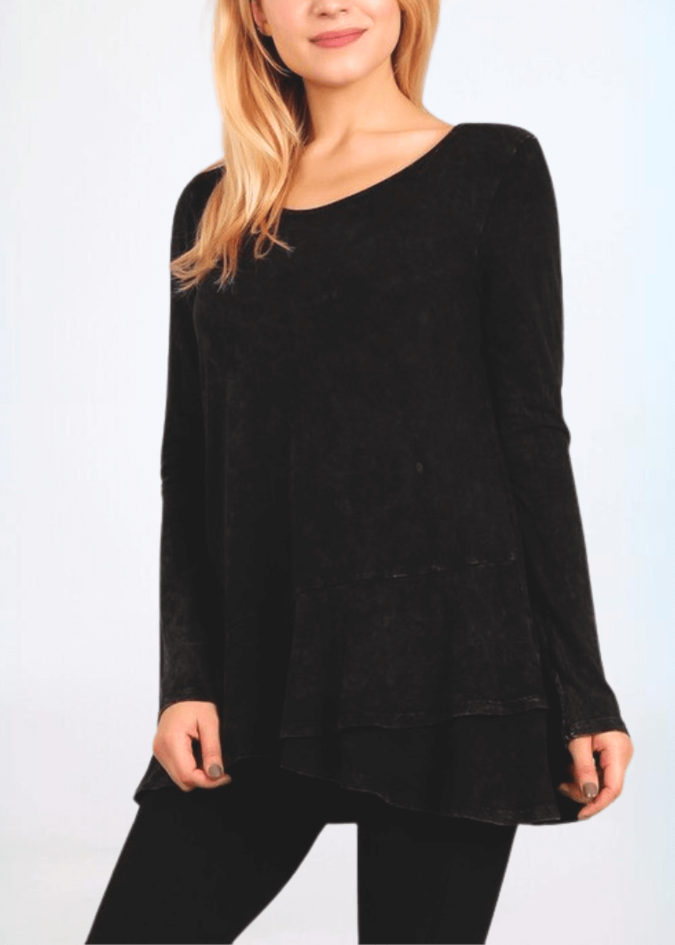 USA Made Ladies High Low Hem Casual Long Sleeve Cotton Tee in Mineral Washed Black | Classy Cozy Cool Women&