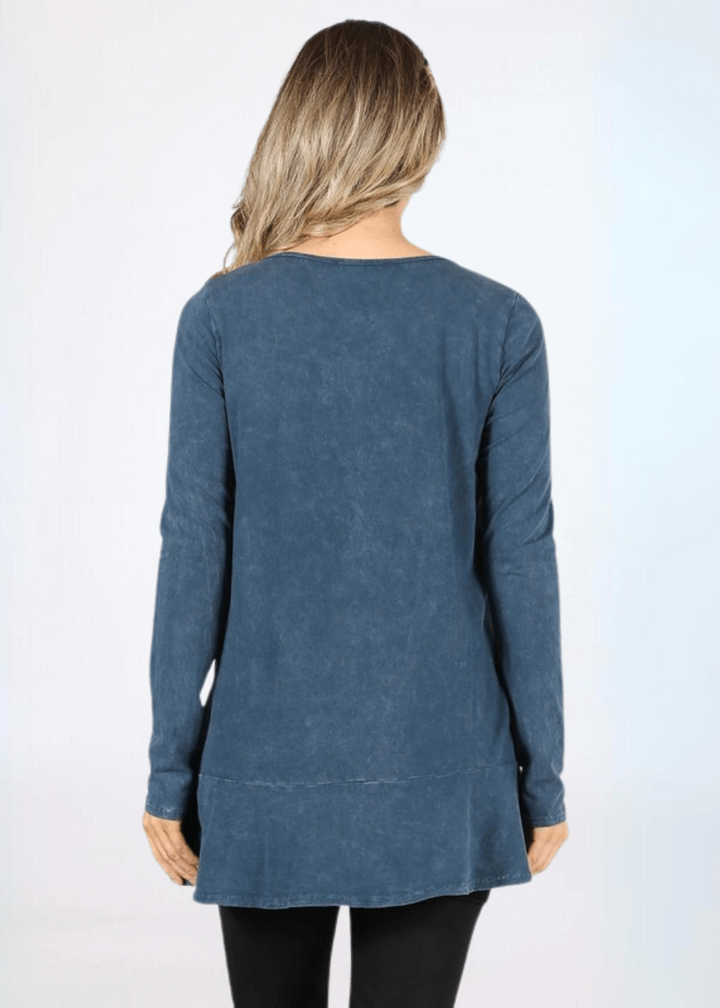 USA Made Ladies High Low Hem Casual Long Sleeve Cotton Tee in Mineral Washed Denim Blue | Classy Cozy Cool Women&