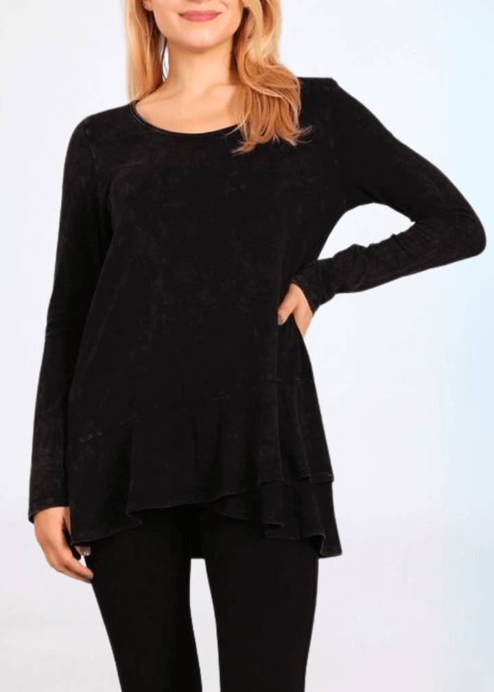 USA Made Ladies High Low Hem Casual Long Sleeve Cotton Tee in Mineral Washed Black | Classy Cozy Cool Women&