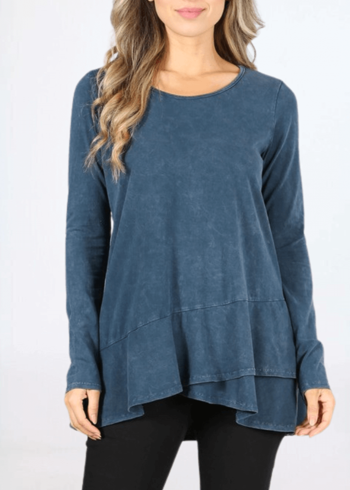 USA Made Ladies High Low Hem Casual Long Sleeve Cotton Tee in Mineral Washed Denim Blue | Classy Cozy Cool Women&