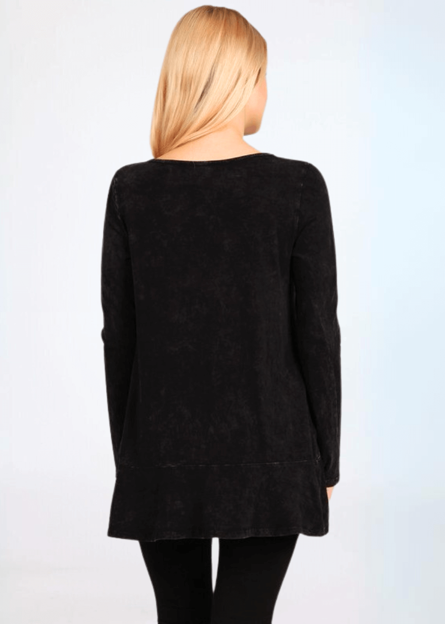 USA Made Ladies High Low Hem Casual Long Sleeve Cotton Tee in Mineral Washed Black | Classy Cozy Cool Women&