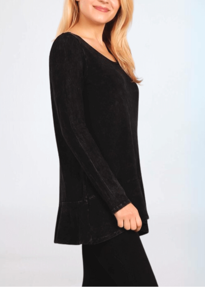USA Made Ladies High Low Hem Casual Long Sleeve Cotton Tee in Mineral Washed Black | Classy Cozy Cool Women&