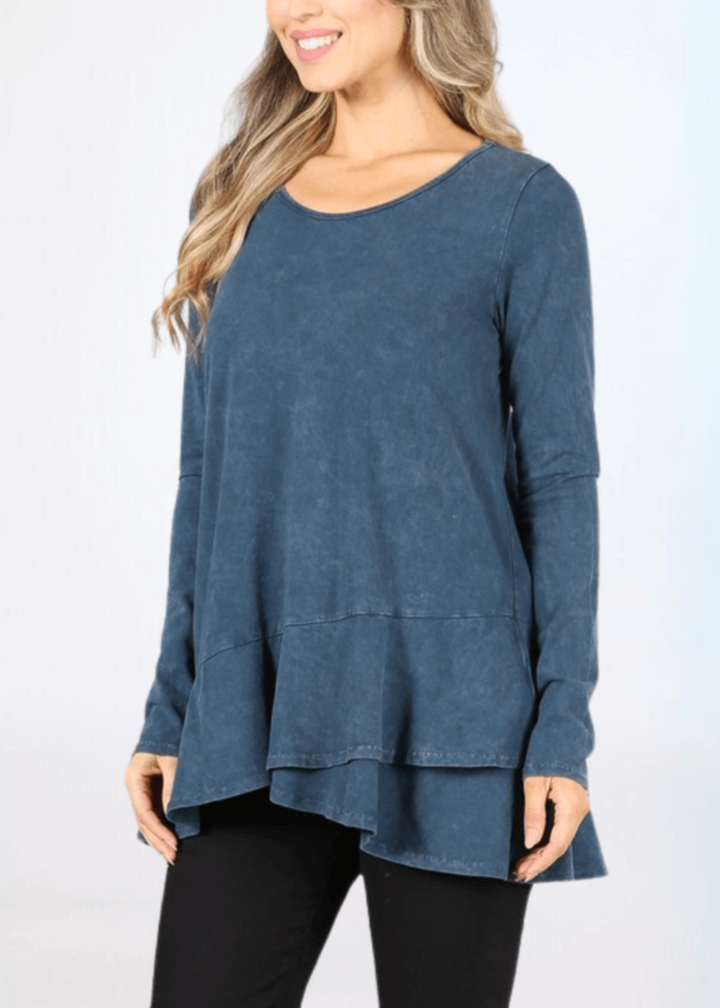 USA Made Ladies High Low Hem Casual Long Sleeve Cotton Tee in Mineral Washed Denim Blue | Classy Cozy Cool Women&