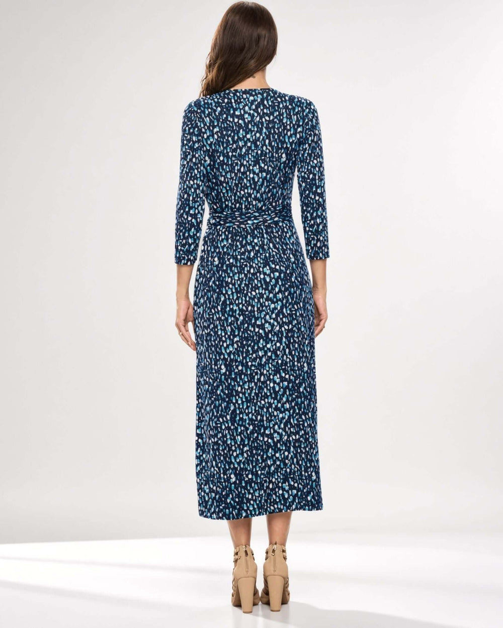 Women's Printed Wrap Style Brushed Knit Maxi Dress with 3/4 Sleeves in Navy, Light Blue & White | Renee C. Style L4329DRB | Made in USA | Classy Cozy Cool Made in America Clothing Boutique