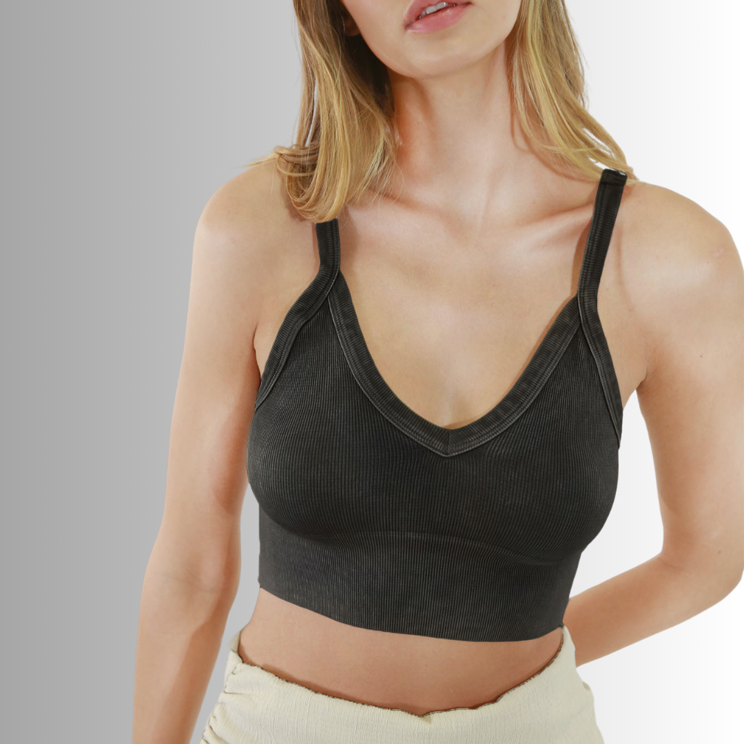 Niki Biki Ladies Fitted Vintage V-Neck Ribbed Bra Top Style NS8187  in Vintage Black | Made in USA | Classy Cozy Cool Women&