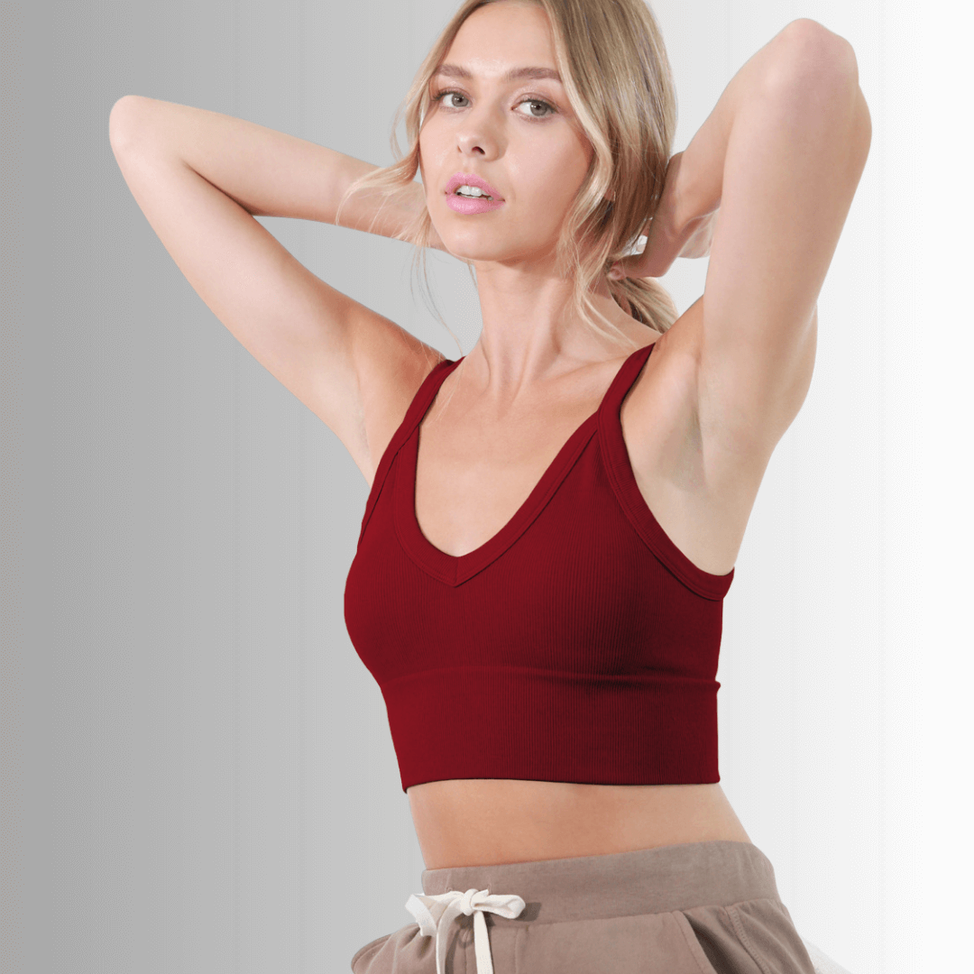 Niki Biki Ladies Fitted Vintage V-Neck Ribbed Bra Top Style NS8120  in Several Color Options | Made in USA | Classy Cozy Cool Women&