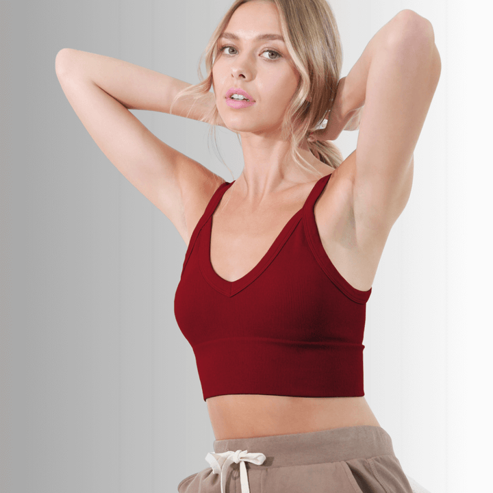 Niki Biki Ladies Fitted Vintage V-Neck Ribbed Bra Top Style NS8120  in Several Color Options | Made in USA | Classy Cozy Cool Women&