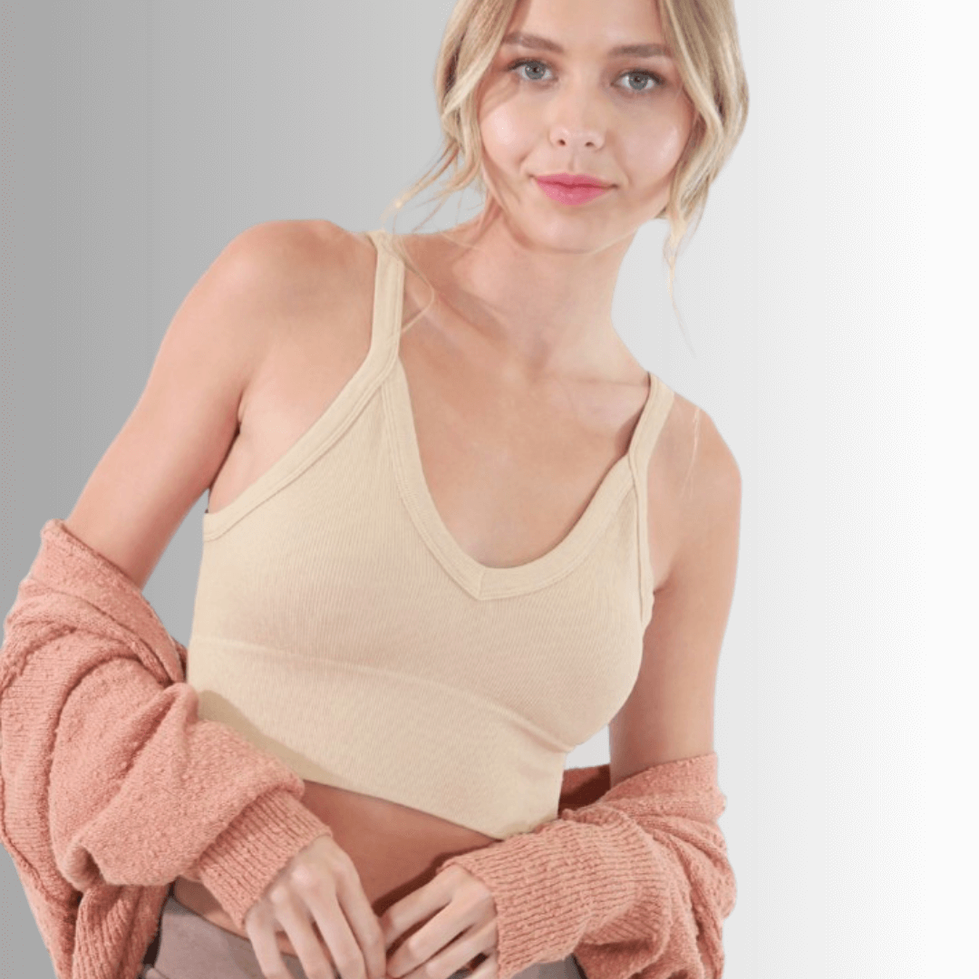 Niki Biki Ladies Fitted Vintage V-Neck Ribbed Bra Top Style NS8120  in Several Color Options | Made in USA | Classy Cozy Cool Women&
