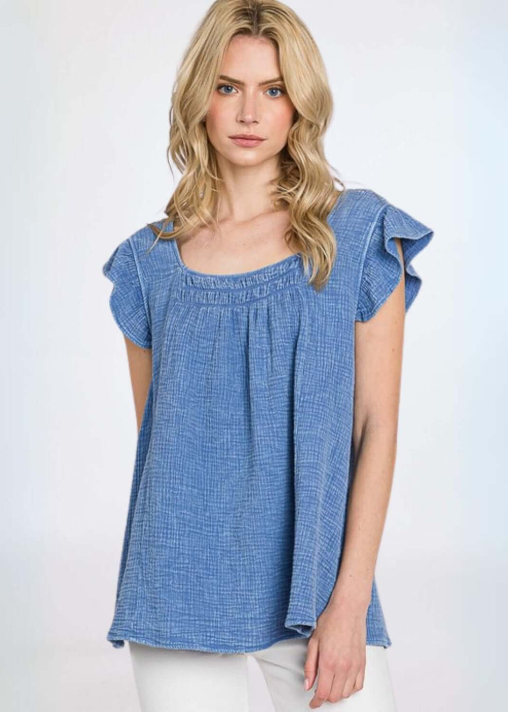 USA Made Women's Premium 100% Cotton Gauze Loose Fit Top with Ruffled Cap Sleeves in Blue | Classy Cozy Cool Made in America Clothing Boutique