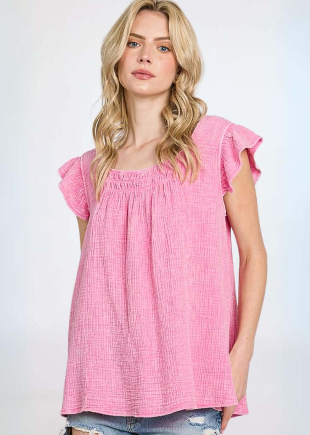 USA Made Women's Premium 100% Cotton Gauze Loose Fit Top with Ruffled Cap Sleeves in Pink | Classy Cozy Cool Made in America Clothing Boutique