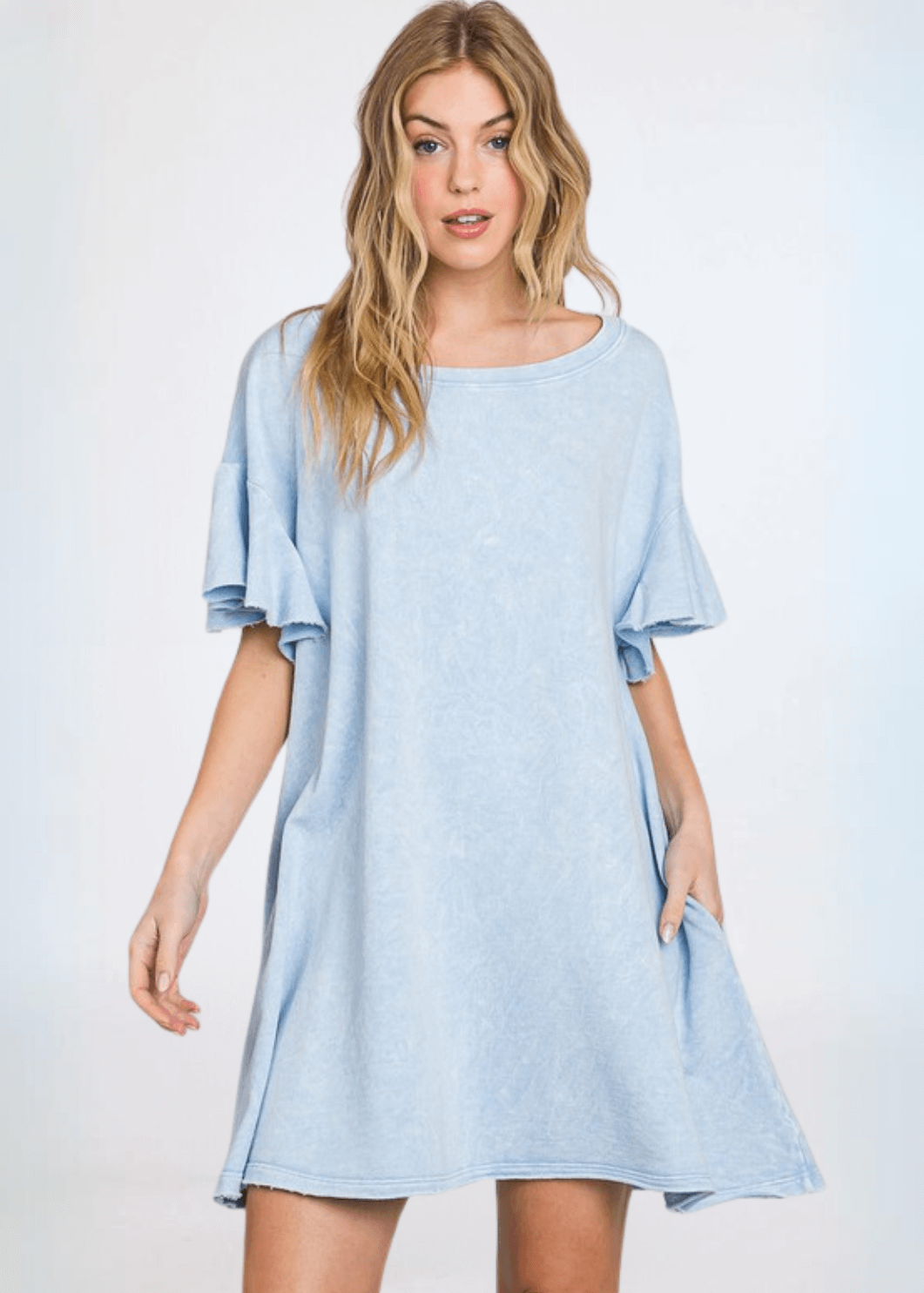 USA Made Women's Light Blue Baby Doll Mineral Washed Cotton French Terry Dress Mini Dress with Ruffled Sleeves Premium Quality | Classy Cozy Cool Made in America Boutique