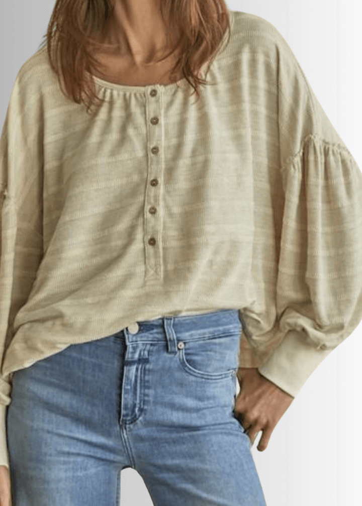 Ladies Knit Thermal Striped Long Sleeve Henley Oversized Boxy Top in Oatmeal Color | By Together Style