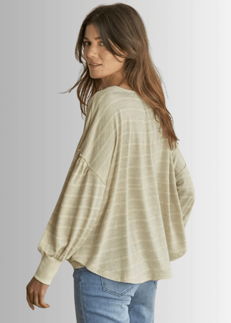Ladies Knit Thermal Striped Long Sleeve Henley Oversized Boxy Top in Oatmeal Color | By Together Style# RJ2504 |Made in USA | Classy Cozy Cool Women's Made in America Online Clothing Boutique 