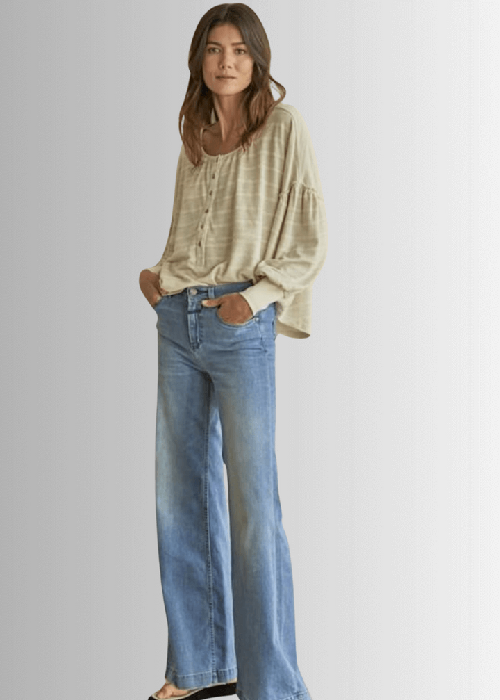 Ladies Knit Thermal Striped Long Sleeve Henley Oversized Boxy Top in Oatmeal Color | By Together Style