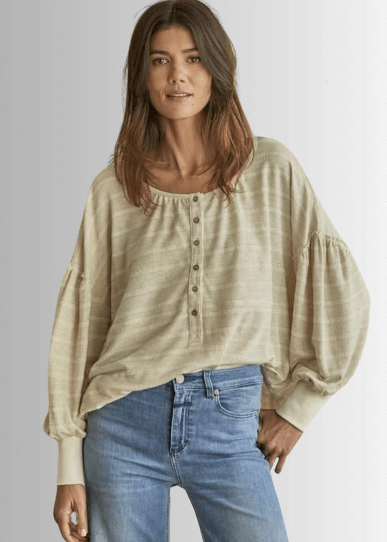 Ladies Knit Thermal Striped Long Sleeve Henley Oversized Boxy Top in Oatmeal Color | By Together Style# RJ2504 |Made in USA | Classy Cozy Cool Women's Made in America Online Clothing Boutique 
