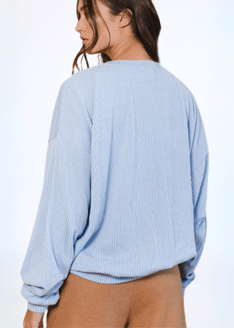 Made in USA Ribbed Textured Women's Light Blue Graphic "SAVED BY GRACE" Oversized Sweatshirt | Bucket List Style T1770